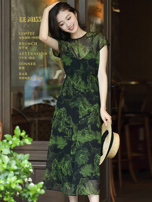 Beautiful Long Chiffon Dresses Green Slim Dress Summer1.jpg