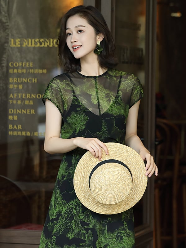 Beautiful Long Chiffon Dresses Green Slim Dress Summer2.jpg