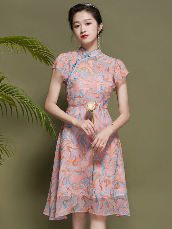 Chinese Style Lotus Leaf Sleeve Chiffon Dress Female1.jpg