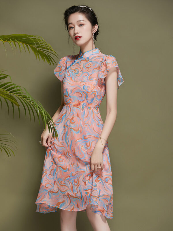 Chinese Style Lotus Leaf Sleeve Chiffon Dress Female3.jpg