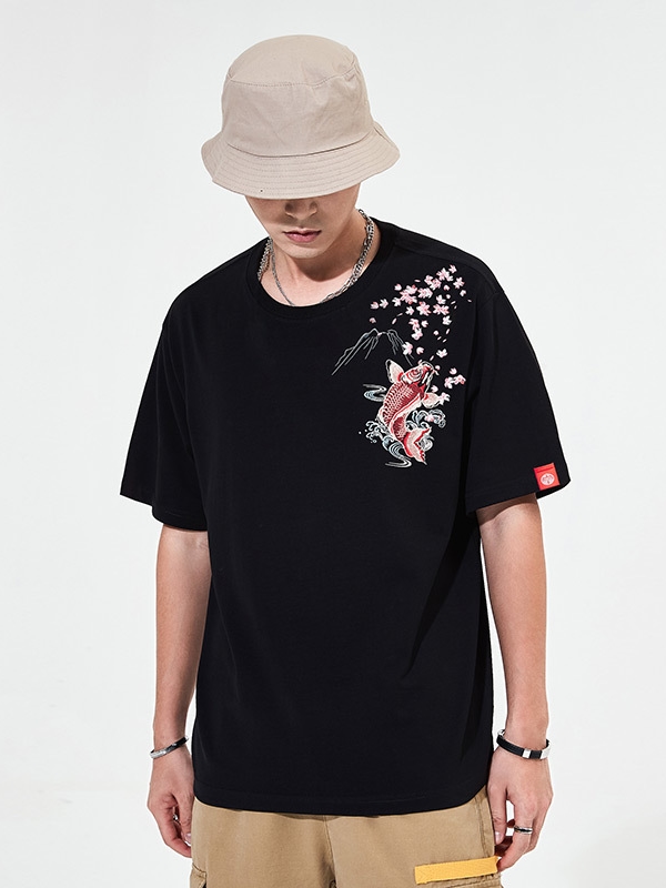 Koi Fish T Shirt Embroidered Loose Mens shirt1.jpg