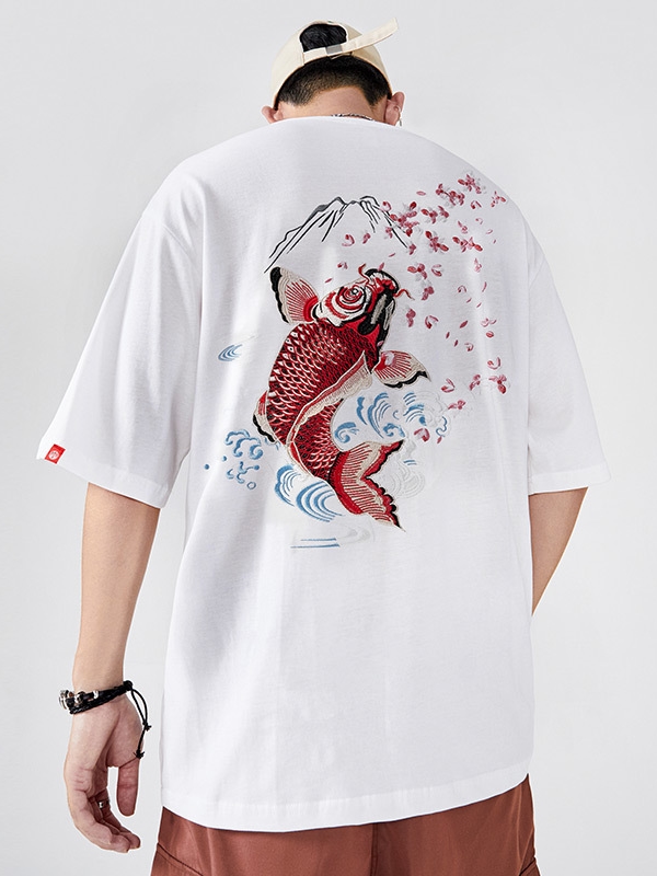 Koi Fish T Shirt Embroidered Loose Mens shirt2.jpg