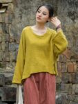 Linen Chinese Blouse Relaxed V neck Cotton Top1.jpg