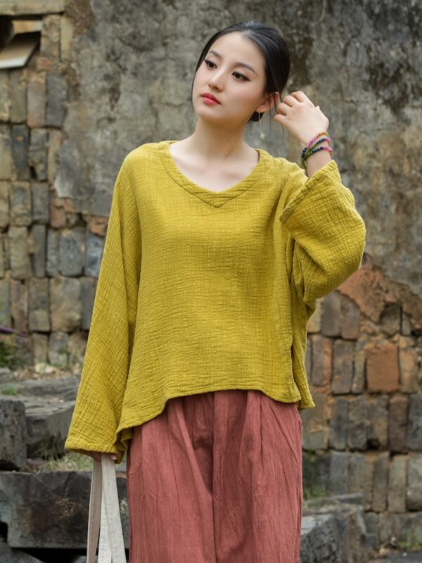 Linen Chinese Blouse Relaxed V neck Cotton Top1.jpg