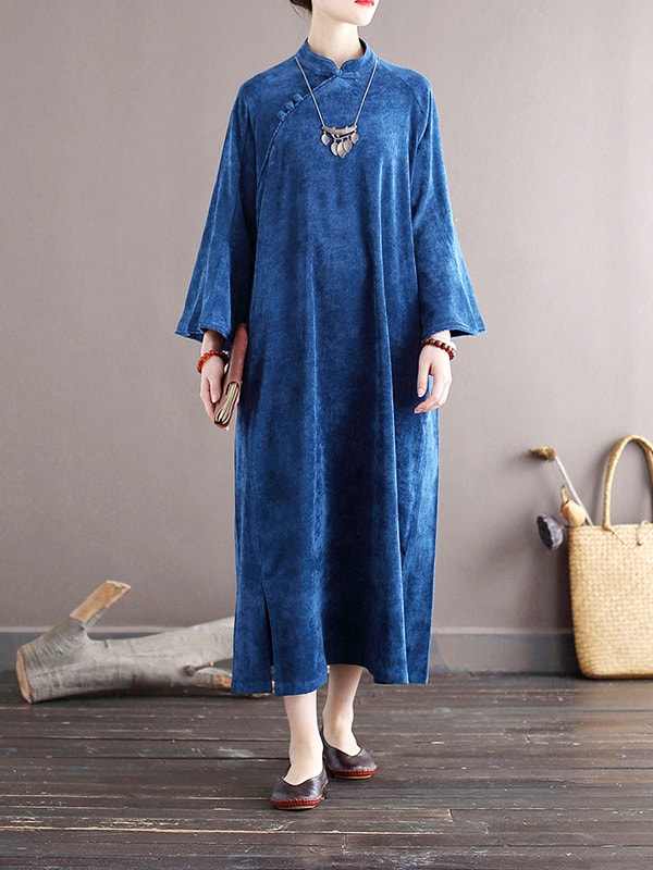 Long Red Dress Retro Corduroy Qipao1.jpg