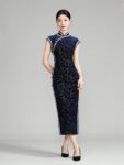 Modern Blue Cheongsam Dress Floral Velvet Qipao7.jpg