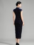 Modern Blue Cheongsam Dress Floral Velvet Qipao7.jpg