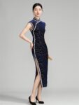 Modern Blue Cheongsam Dress Floral Velvet Qipao7.jpg