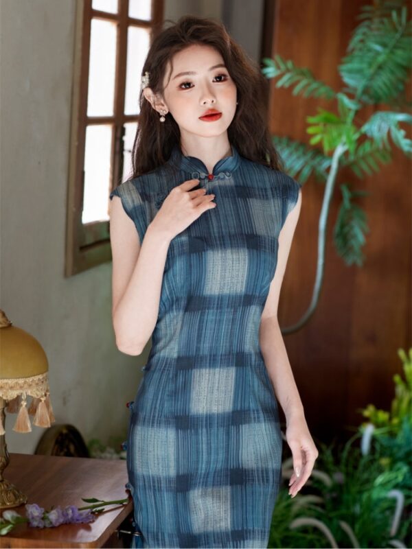Modern Sleeveless Qipao Outfit Blue Plaid Dress1.jpg