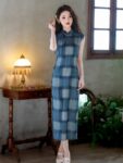 Modern Sleeveless Qipao Outfit Blue Plaid Dress3.jpg