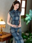 Modern Sleeveless Qipao Outfit Blue Plaid Dress3.jpg