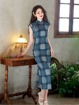 Modern Sleeveless Qipao Outfit Blue Plaid Dress3.jpg