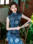 Modern Sleeveless Qipao Outfit Blue Plaid Dress3.jpg