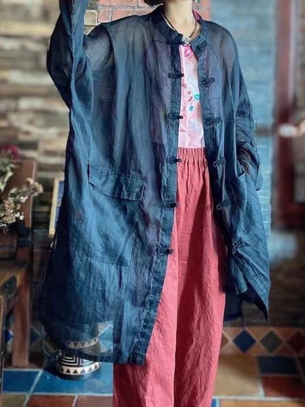 Ramie Loose Blouse Vintage Black Long Shirt2.jpg