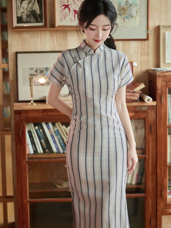 Short Sleeve Qipao Dress Striped Jacquard Dress1.jpg