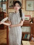 Short Sleeve Qipao Dress Striped Jacquard Dress1.jpg
