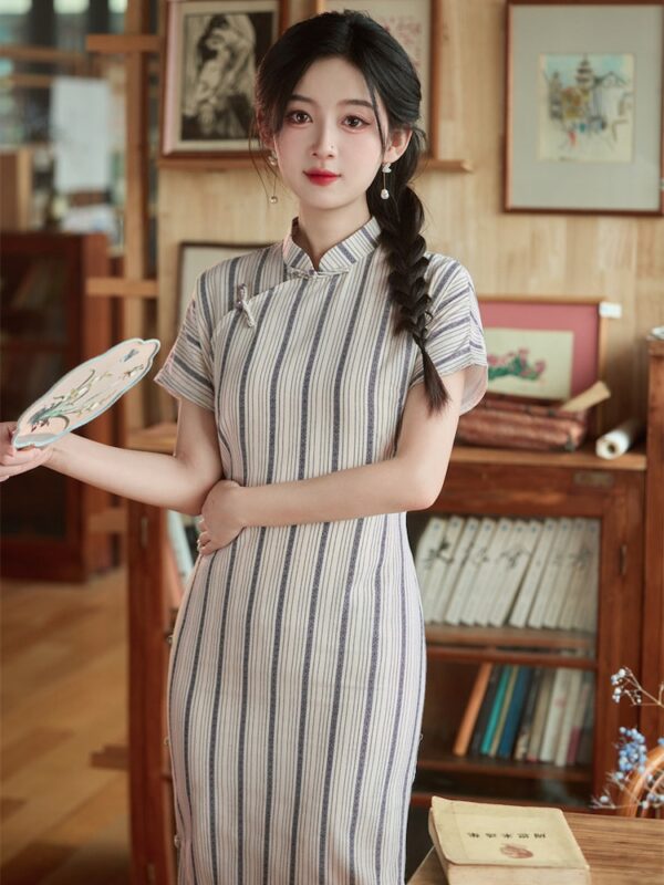 Short Sleeve Qipao Dress Striped Jacquard Dress2.jpg