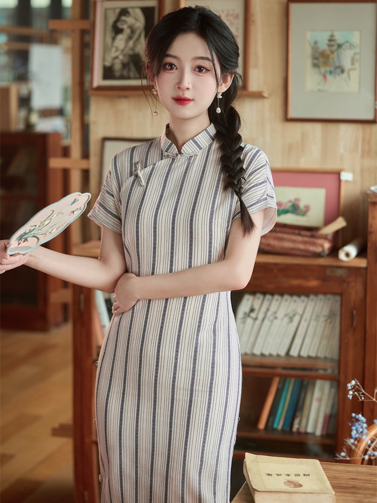 Short Sleeve Qipao Dress Striped Jacquard Dress2.jpg Short Sleeve Qipao Dress Striped Jacquard Dress2.jpg