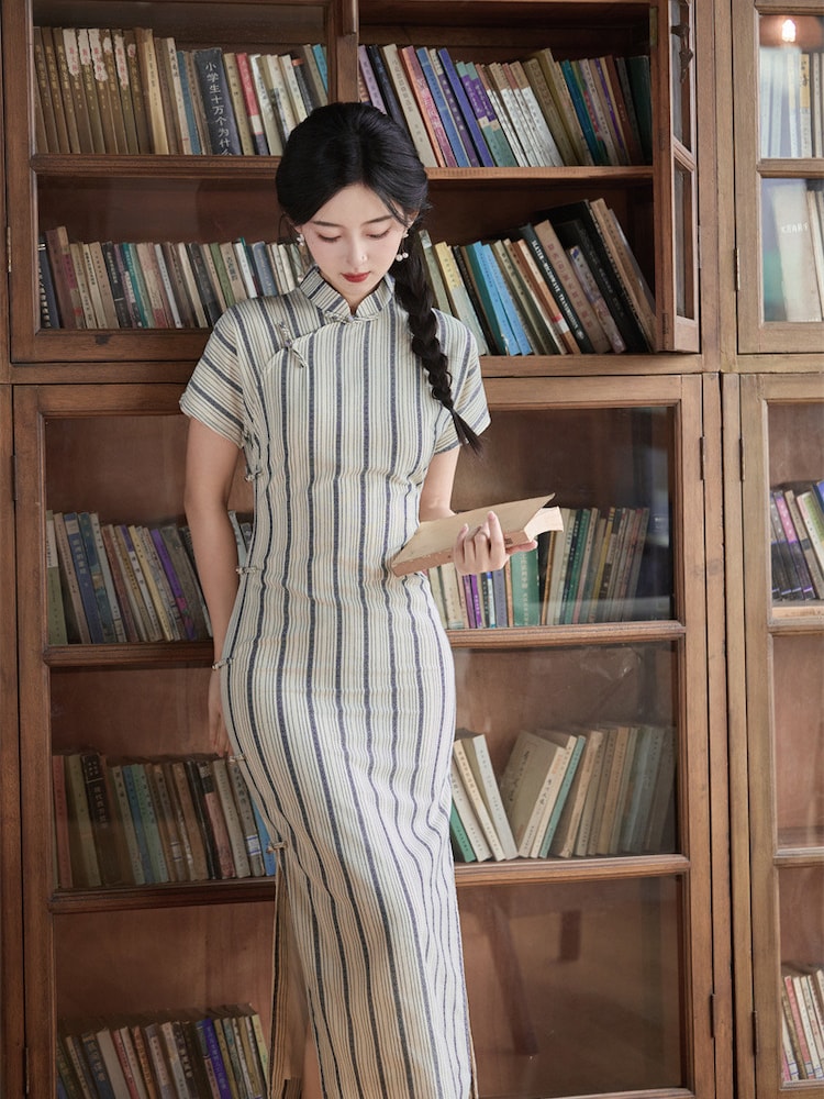 Short Sleeve Qipao Dress Striped Jacquard Dress4.jpg Short Sleeve Qipao Dress Striped Jacquard Dress4.jpg
