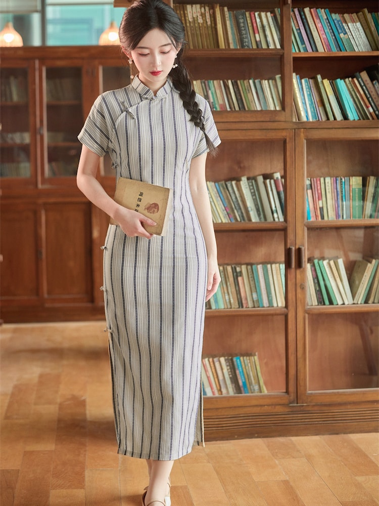 Short Sleeve Qipao Dress Striped Jacquard Dress5.jpg Short Sleeve Qipao Dress Striped Jacquard Dress5.jpg