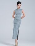 Sleeveless Chi Pao Dress Modern Plaid Dress4.jpg