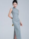 Sleeveless Chi Pao Dress Modern Plaid Dress4.jpg