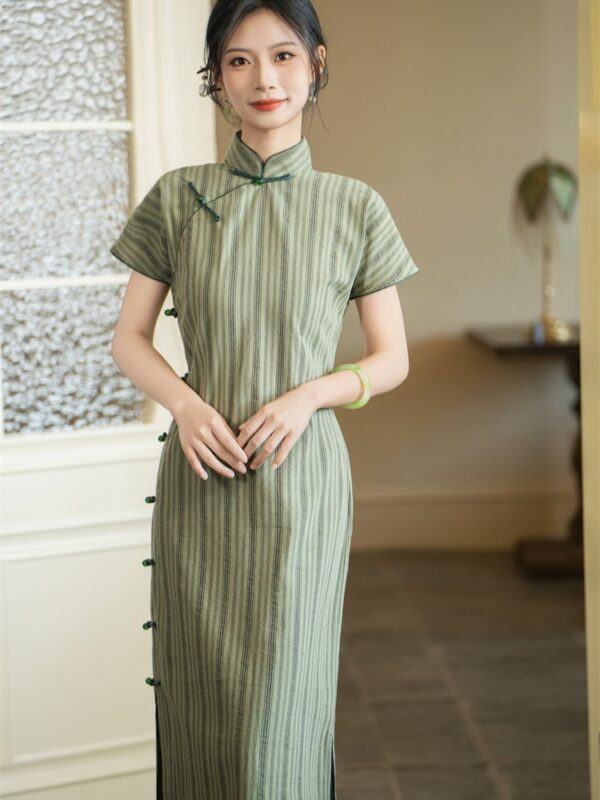 Striped Cotton Linen China Dress Long Qipao3.jpg