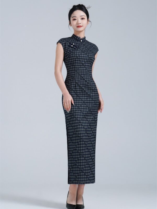 Vintage Black Chinese Dress Retro Plaid Qipao1.jpg