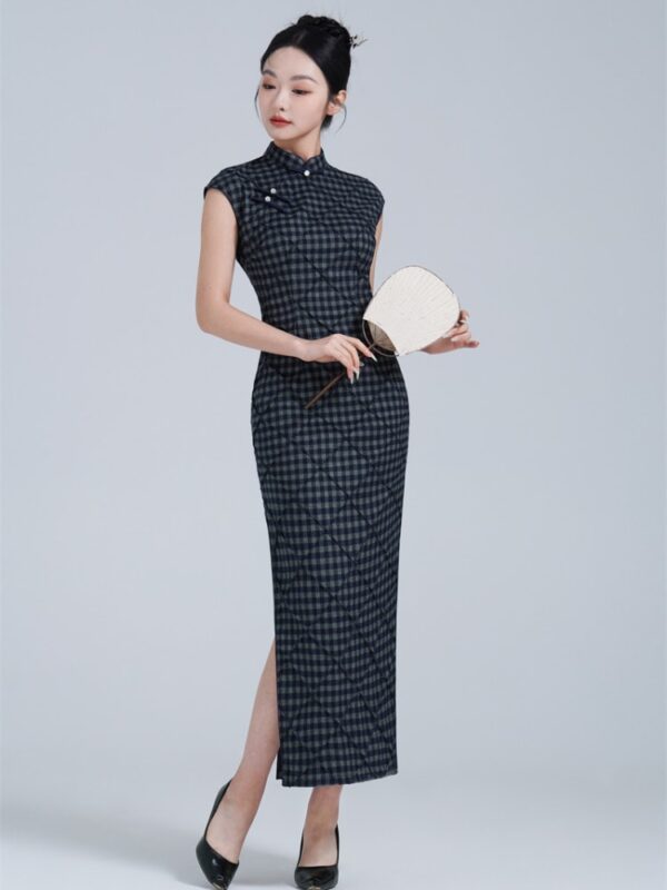 Vintage Black Chinese Dress Retro Plaid Qipao4.jpg