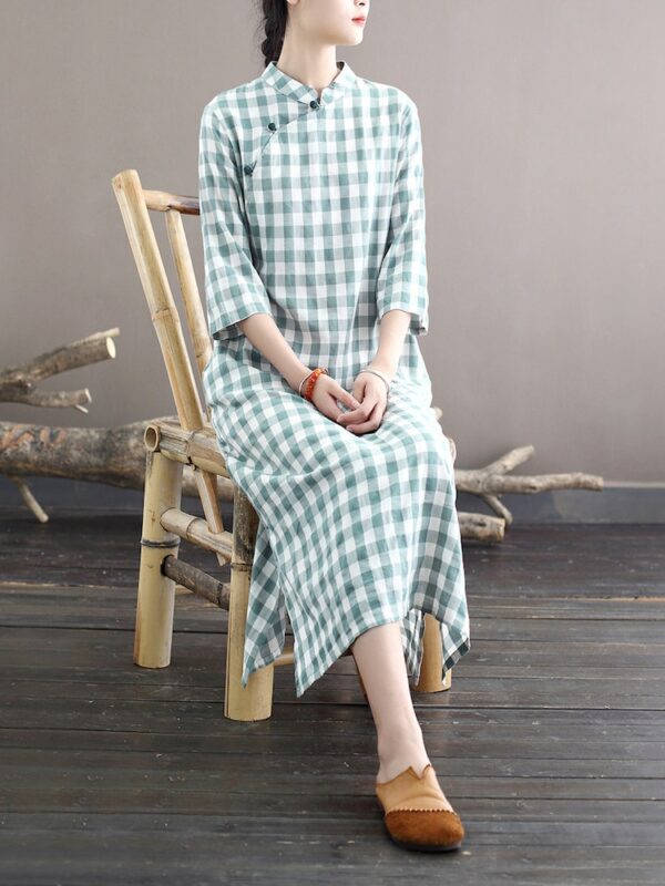 Vintage Checkered Qipao Loose Linen Dress1.jpg