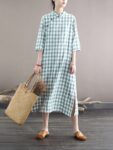 Vintage Checkered Qipao Loose Linen Dress4.jpg
