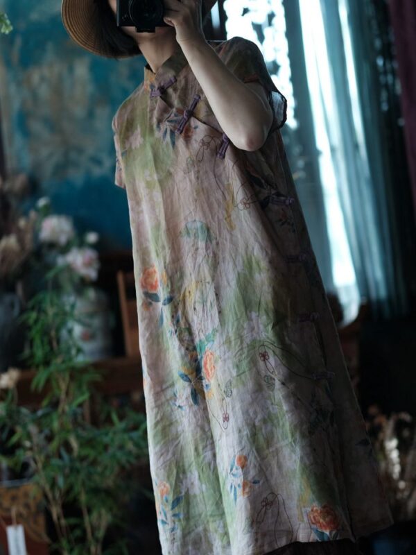 Vintage Frog Button Dress Linen Floral Qipao 3.jpg