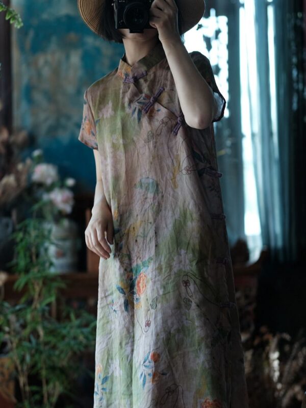 Vintage Frog Button Dress Linen Floral Qipao 5.jpg
