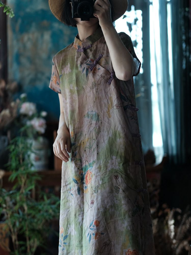 Vintage Frog Button Dress Linen Floral Qipao 5.jpg Vintage Frog Button Dress Linen Floral Qipao 5.jpg