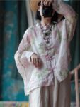 Vintage Mandarin Collar Blouse Linen Floral Shirt1.jpg