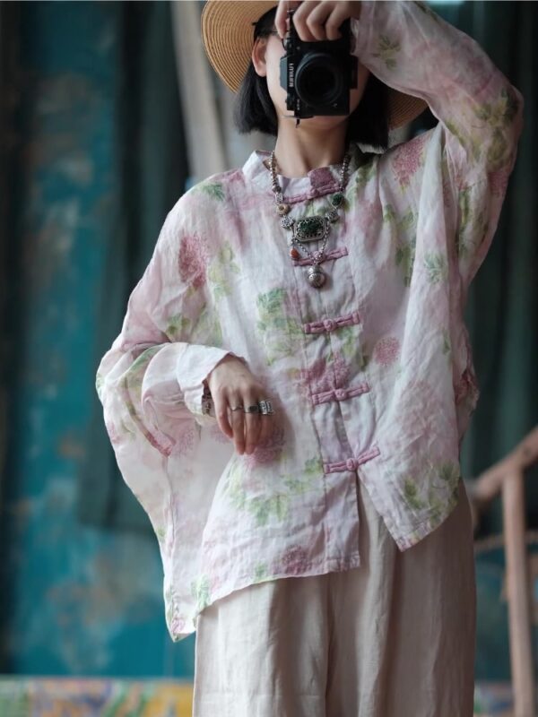 Vintage Mandarin Collar Blouse Linen Floral Shirt1.jpg