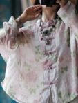 Vintage Mandarin Collar Blouse Linen Floral Shirt1.jpg