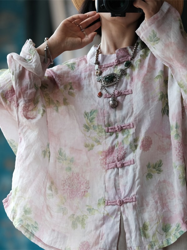 Vintage Mandarin Collar Blouse Linen Floral Shirt2.jpg