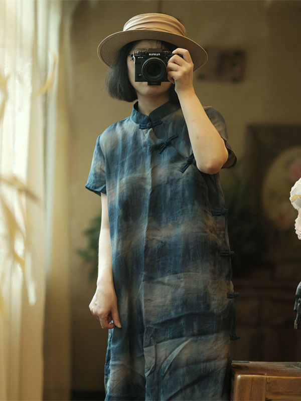 Vintage Ramie Indigo Qipao Dress Women 1.jpg
