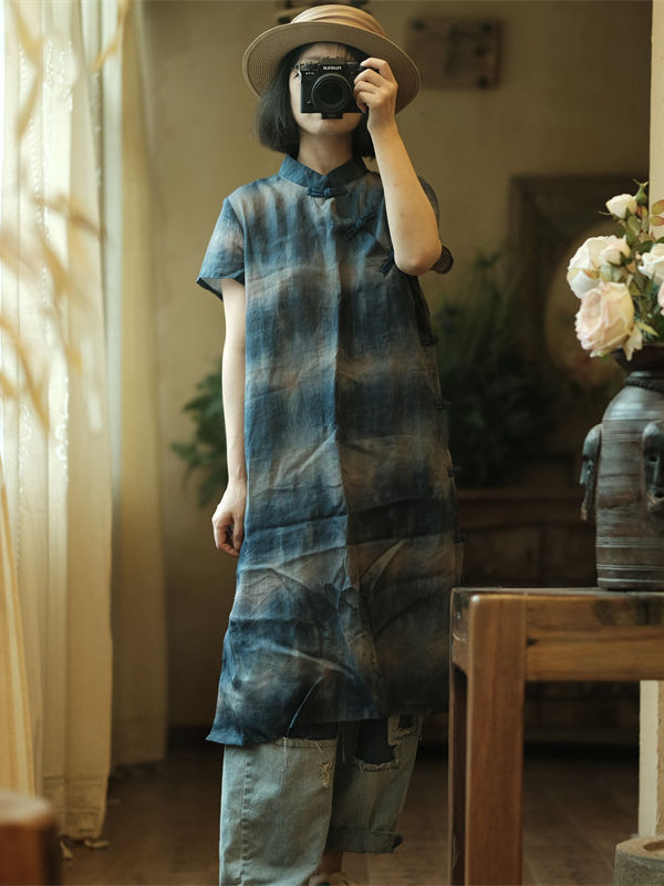 Vintage Ramie Indigo Qipao Dress Women 2.jpg