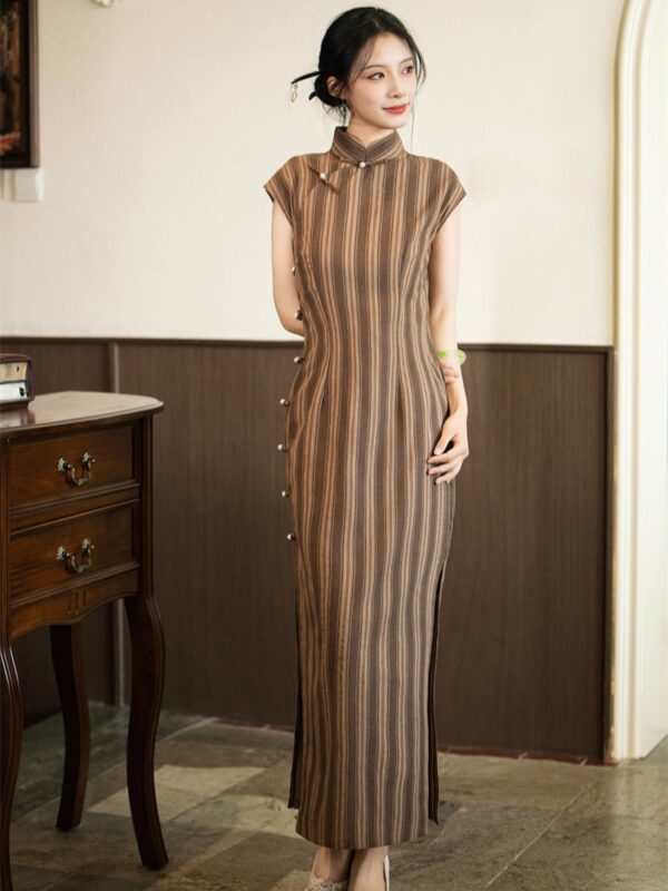 Women Qipao Striped Cotton Linen Cheongsam4.jpg