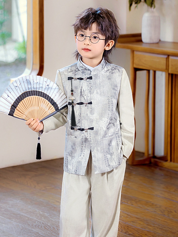 boys zhongshan suit light grey fan pose 2.jpg