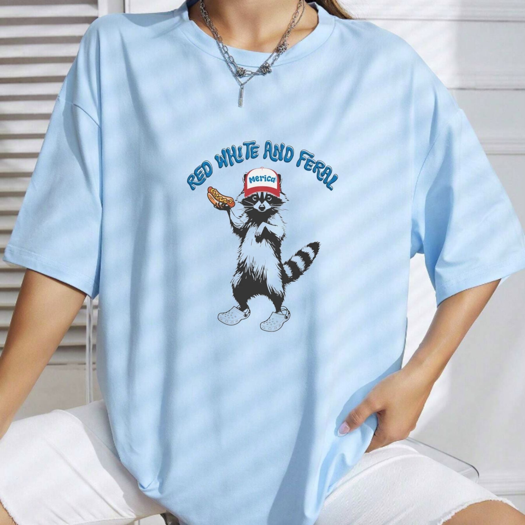 USA Feral Raccoon T Shirt Funny Patriotic Red White Blue Graphic Tee Unisex Cotton Shirt.jpg