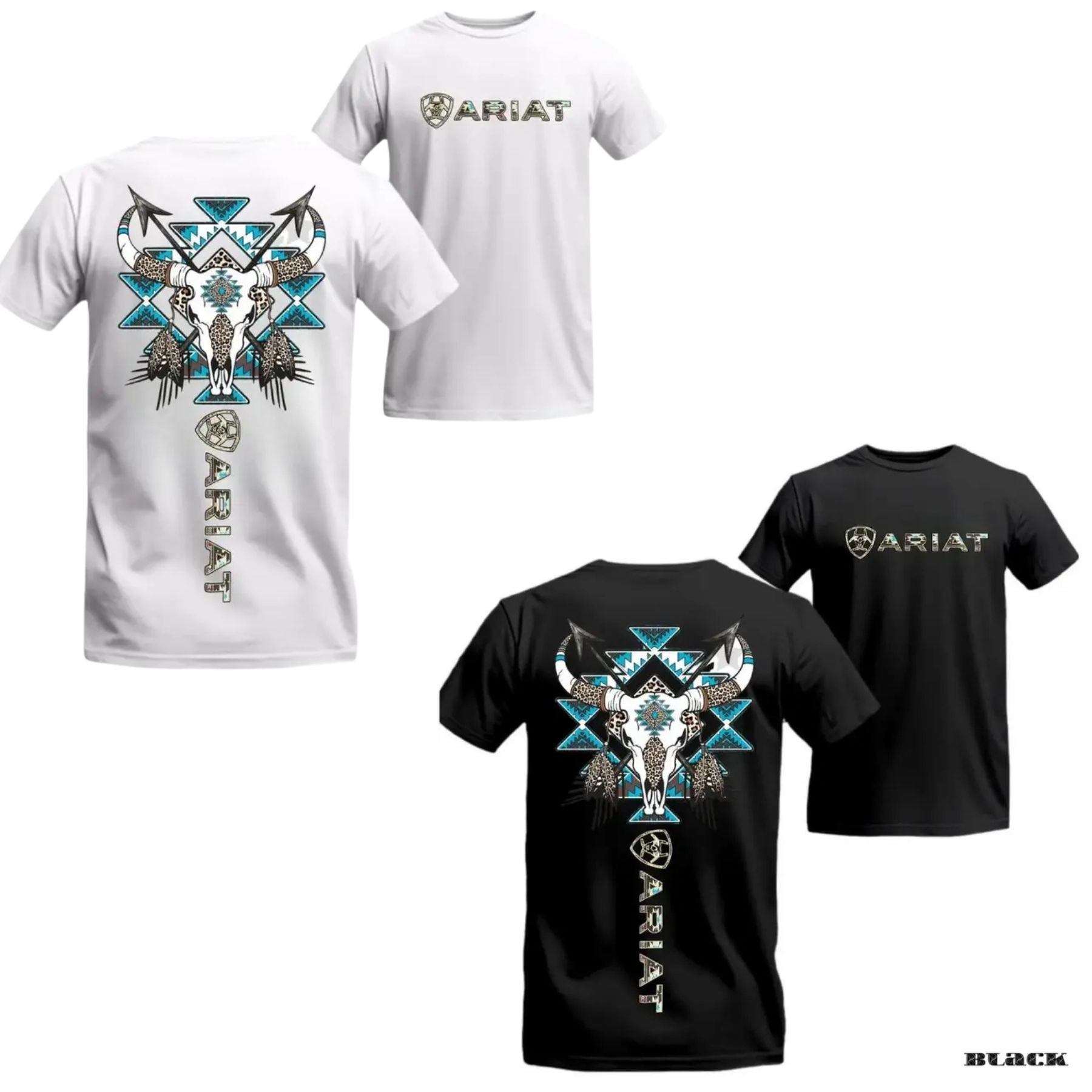 Western Tribal Skull T Shirt Bull Skull Blue Aztec Graphic Tee Unisex Cotton Shirt.jpg